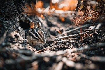 Poster - Chipmunk peering out from its burrow in the forest during a sunny afternoon in autumn