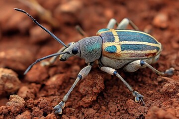Poster - Colorful beetle walking on rich soil in a garden during bright daylight