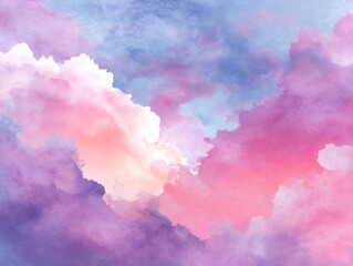 Poster - Dreamy watercolor sky with pink and purple clouds, soft pastel hues, abstract aerial view, ethereal atmosphere, artistic texture