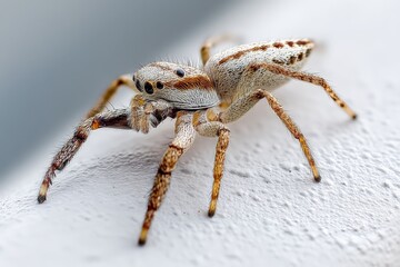 Poster - Close-up view of a tiny jumping spider on a textured surface in daylight