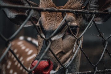 Aufkleber - Close encounter with a curious deer behind a metal fence during a wildlife observation session in the late afternoon