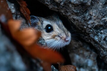 Poster - Small rodent peeking out from a rocky crevice surrounded by autumn leaves in a serene natural setting