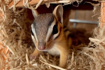 Poster - Chipmunk explores its cozy burrow during a sunny afternoon in a rural backyard setting
