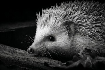 Poster - Close-up view of a hedgehog in a dark environment observing its surroundings at night