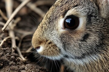 Aufkleber - Close-up of a rabbit in its natural habitat showcasing intricate fur details and intense gaze during early morning light
