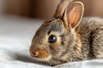 Aufkleber - Close-up view of a bunny resting peacefully on soft fabric in cozy indoor setting during daytime, showcasing its adorable features and fur texture