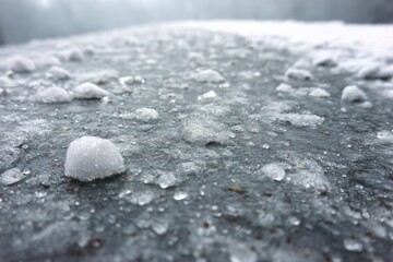 Poster - Ice and snow cover a frozen lake during winter, creating a tranquil and serene landscape in the early morning light