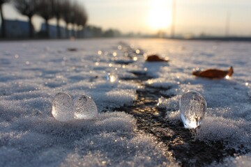 Poster - Melting ice formations and fallen leaves on a path during winter sunset