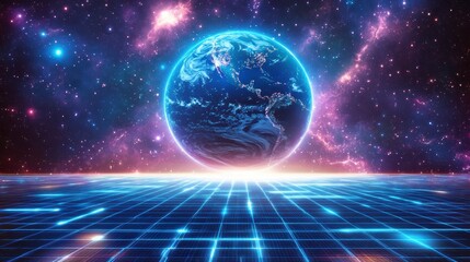 Leinwandbilder - Earth in vibrant space, glowing grid below.