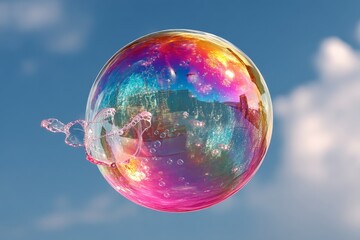 Poster - Colorful soap bubble reflecting blue sky and clouds in a sunny outdoor setting during daytime