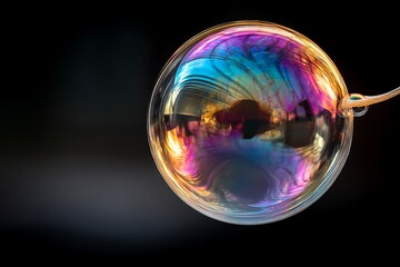 Poster - Beautiful soap bubble floating with vibrant reflections in a dark background capturing various colors and patterns
