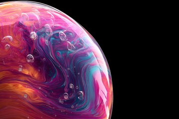Aufkleber - Colorful soap bubble with swirling patterns and bubbles captured against a black background in vibrant detail
