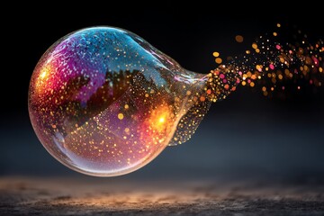 Poster - Colorful bubble bursting in mid-air with shimmering particles against a dark background at twilight