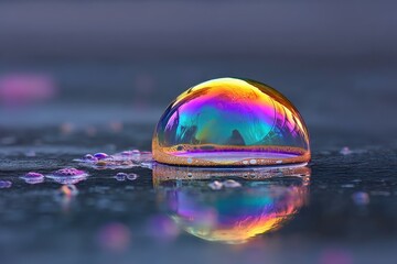Poster - Colorful soap bubble reflecting vibrant hues on a surface during daylight