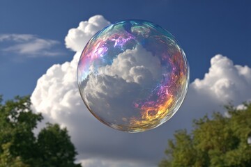 Aufkleber - Colorful soap bubble floating in a clear blue sky surrounded by fluffy clouds on a sunny day