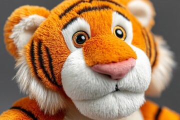 Aufkleber - Soft plush tiger toy with bright orange fur, lifelike features, and playful expression on a neutral background