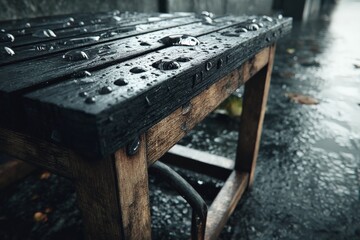 Poster - Raindrops on a wooden table in a deserted urban street during a rainy day