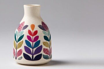 Poster - Colorful ceramic vase showcasing intricate floral design on a neutral background