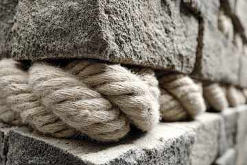 Poster - Rough textured ropes tied around solid stone blocks in a close-up view during daylight hours in an outdoor setting