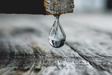 Poster - Water droplet hangs from wooden surface, reflecting light and surroundings in a serene indoor atmosphere