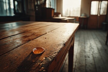 Leinwandbilder - Raindrop on a rustic wooden table in a sunlit room during the late afternoon