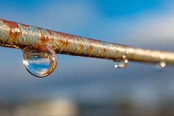Poster - Water droplets reflect the sky on a rusted metal railing during a sunny afternoon