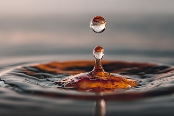 Poster - Capturing the elegant dance of water droplets at sunset in a serene setting with ripples and reflections
