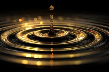 Poster - Drops of liquid create ripples in shimmering golden water at twilight in a serene setting