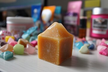 Aufkleber - Colorful assortment of crafting materials with a pyramid-shaped soap in a creative workspace