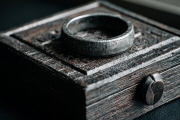 Leinwandbilder - Rustic metal ring displayed on a weathered wooden box with intricate carvings