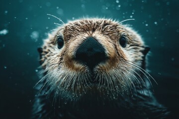 Poster - Otter swimming underwater, showcasing its detailed facial features and playful expression in a serene aquatic environment