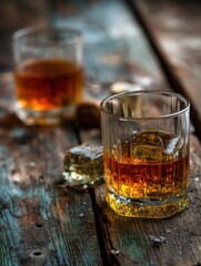 Poster - Whiskey in Glass with Ice Cubes on Rustic Wooden Tabletop Close Up Still Life Low Angle Shot