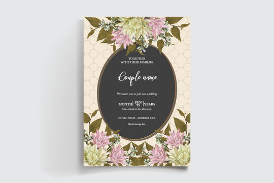 WEDDING INVITATION FRAME WITH FLOWER DECORATIONS AND FRESH LEAVES