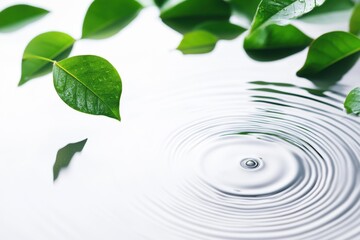 Poster - Green Leaf Dropping Into Water Creating Ripples Minimalist Top View Studio Shot Nature Freshness Purity Serenity