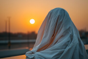 Poster - Individual draped in white fabric watches a vibrant sunset by the roadside during evening hours