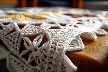 Poster - Intricate handmade lace tablecloth resting on a wooden surface in a cozy living space during daylight hours