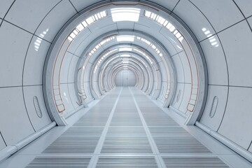 Poster - Futuristic Interior View of a White Space Station Corridor with Metallic Details and a Door at the End Perspective Shot