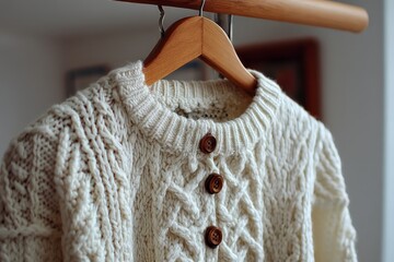 Poster - Cozy white knitted sweater displayed on a hanger in a bright indoor setting with a soft background
