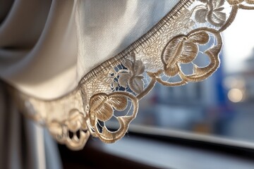 Poster - Elegant lace curtain detailing enhances natural light filtering into the room by the window in soft afternoon light