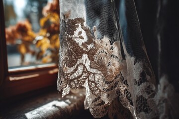 Aufkleber - Delicate lace curtain softly illuminated by sunlight near a wooden window with autumn leaves in the background