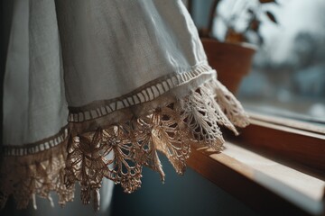 Poster - Lace curtain hanging by the window offering a glimpse of natural light in a cozy indoor setting