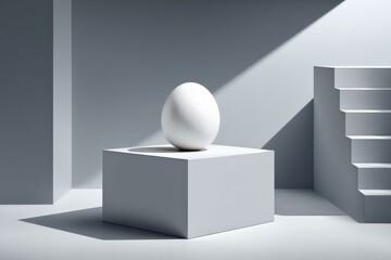 Aufkleber - Minimalist white egg displayed on a stark pedestal in a light-filled, abstract space