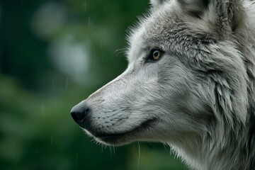 Aufkleber - Wild wolf standing in a forest during a rainy day with a focused expression and wet fur