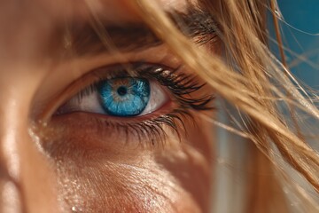Poster - Close-up of a woman's striking blue eye reflecting sunlight with natural lashes and soft hair around it