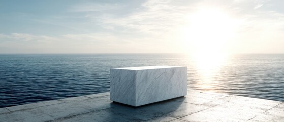 Poster - Marble Display Podium on Concrete Platform Overlooking Ocean at Sunset Minimalist Style Product Showcase Backdrop