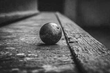 Poster - Rusty metal ball rolls on a weathered wooden surface in black and white setting showcasing time's passage and texture