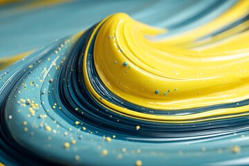 Aufkleber - Bright swirls of blue and yellow paint create an abstract design in an art studio setting during the day