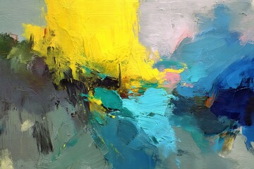 Poster - Bright abstract painting featuring vibrant yellow, blue, and green colors with energetic brush strokes