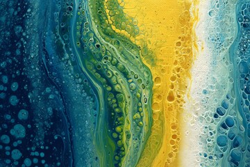 Poster - Colorful abstract painting with vibrant blue and yellow swirls in textured fluid art style