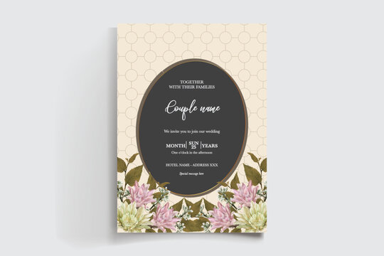 WEDDING INVITATION FRAME WITH FLOWER DECORATIONS AND FRESH LEAVES